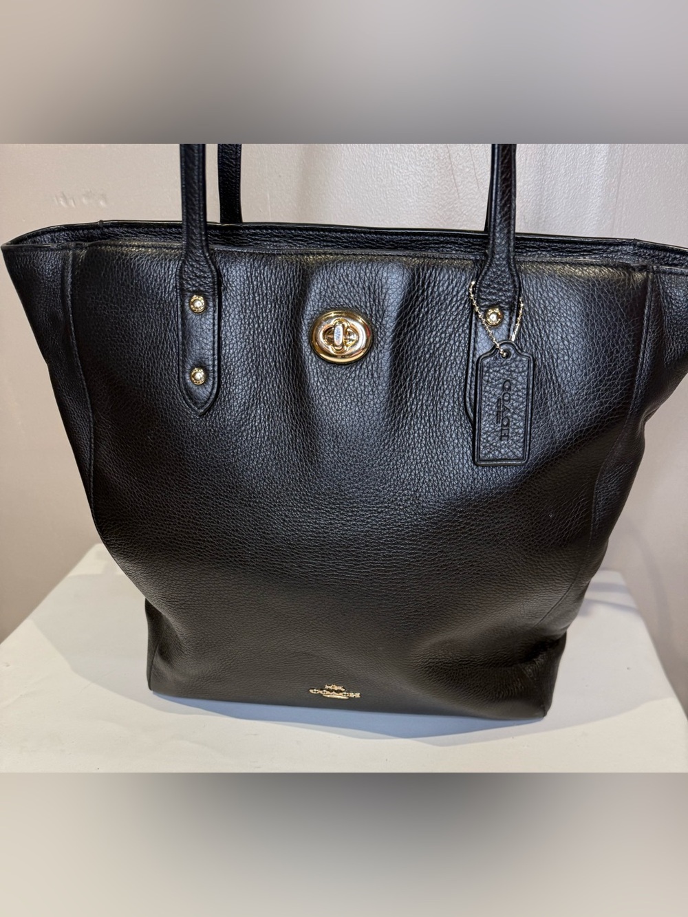 Coach Town Tote Black Pebbled Leather with Gold Turn-lock 2017 12184